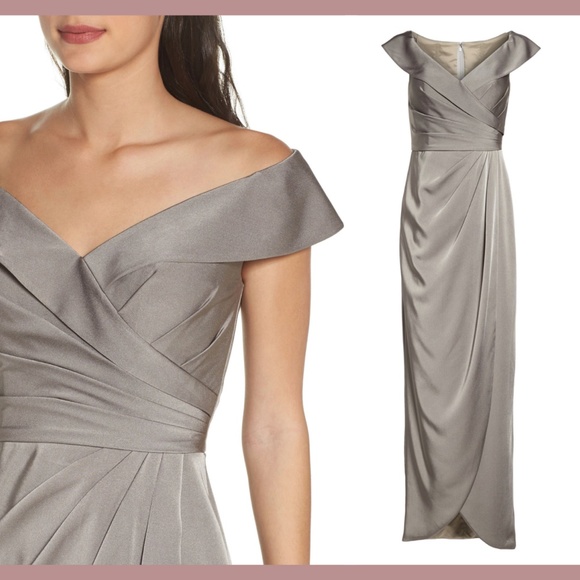 NEW La Femme [SZ 4 ] Surplice Off‎ the Shoulder Column Gown in Pewter - Picture 2 of 12